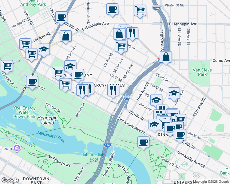 map of restaurants, bars, coffee shops, grocery stores, and more near 500 Southeast 8th Avenue in Minneapolis