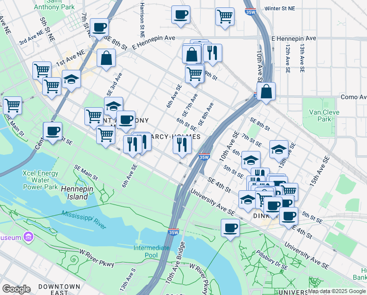 map of restaurants, bars, coffee shops, grocery stores, and more near 500 Southeast 8th Avenue in Minneapolis