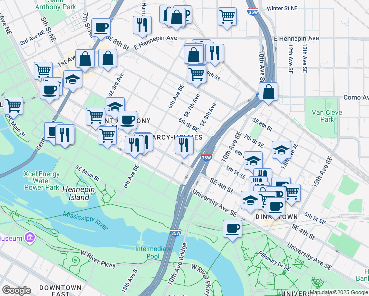map of restaurants, bars, coffee shops, grocery stores, and more near 401 Southeast 8th Avenue in Minneapolis