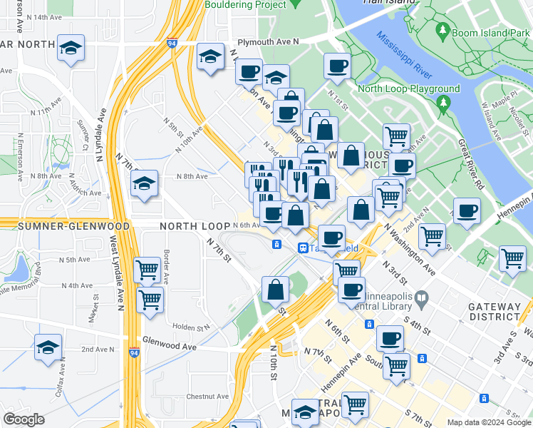 map of restaurants, bars, coffee shops, grocery stores, and more near 414 North 6th Avenue in Minneapolis