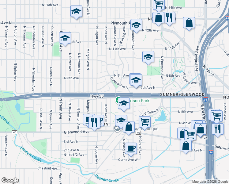 map of restaurants, bars, coffee shops, grocery stores, and more near 1615 Thomas Place North in Minneapolis