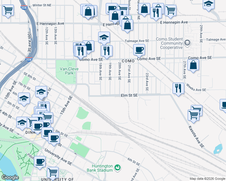 map of restaurants, bars, coffee shops, grocery stores, and more near 848 19th Avenue Southeast in Minneapolis
