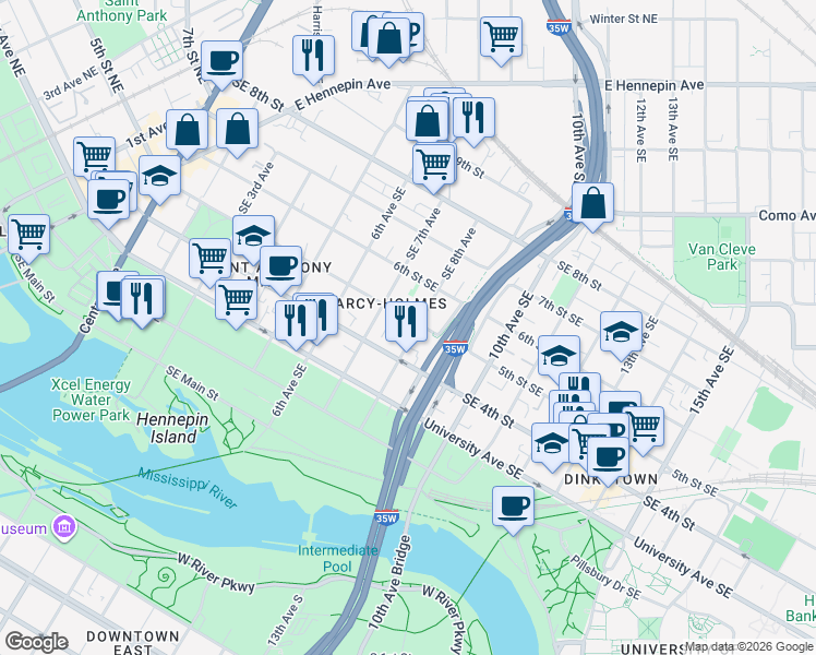 map of restaurants, bars, coffee shops, grocery stores, and more near 401 Southeast 8th Avenue in Minneapolis