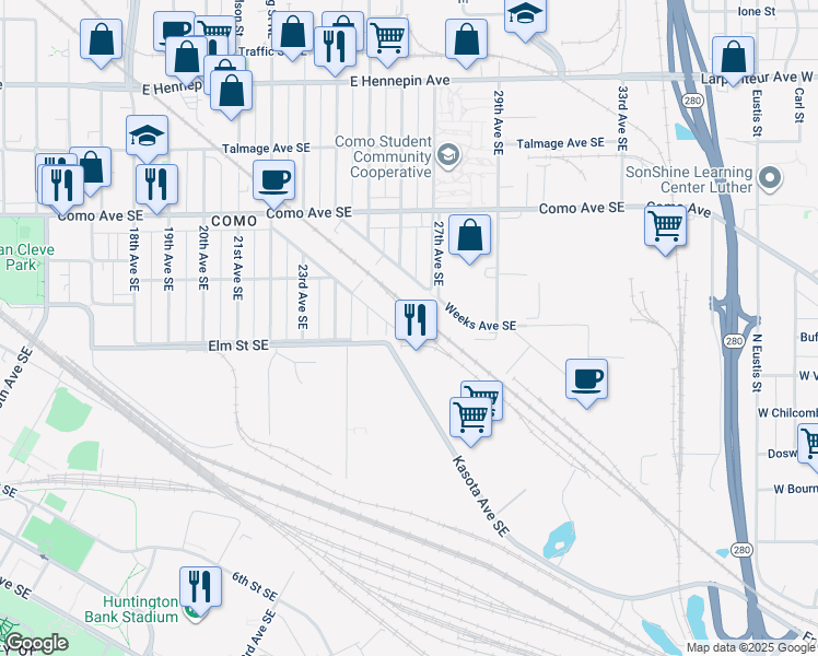 map of restaurants, bars, coffee shops, grocery stores, and more near 2647 Cole Avenue Southeast in Minneapolis