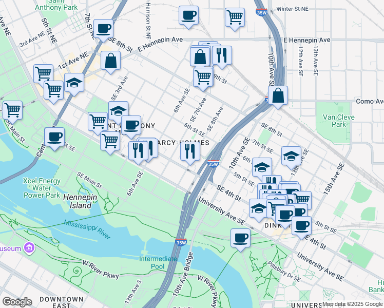 map of restaurants, bars, coffee shops, grocery stores, and more near 500 Southeast 8th Avenue in Minneapolis