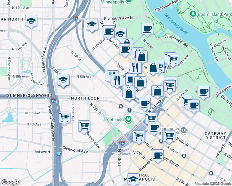 map of restaurants, bars, coffee shops, grocery stores, and more near 414 North 6th Avenue in Minneapolis