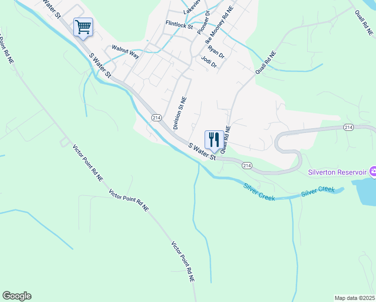 map of restaurants, bars, coffee shops, grocery stores, and more near 1383 South Water Street in Silverton