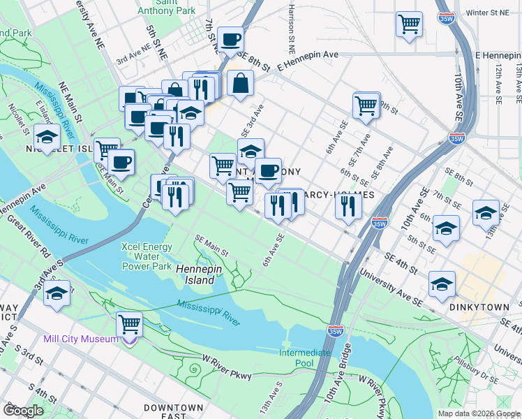 map of restaurants, bars, coffee shops, grocery stores, and more near 311 5th Street Southeast in Minneapolis