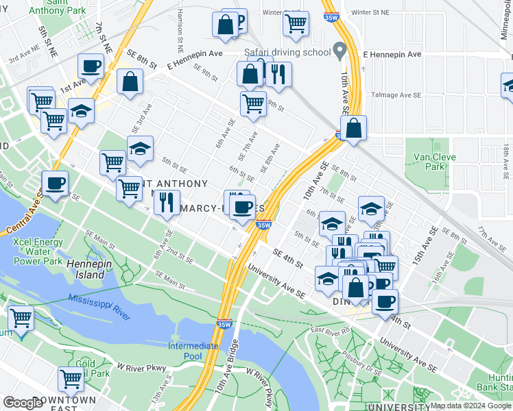 map of restaurants, bars, coffee shops, grocery stores, and more near 500 Southeast 8th Avenue in Minneapolis