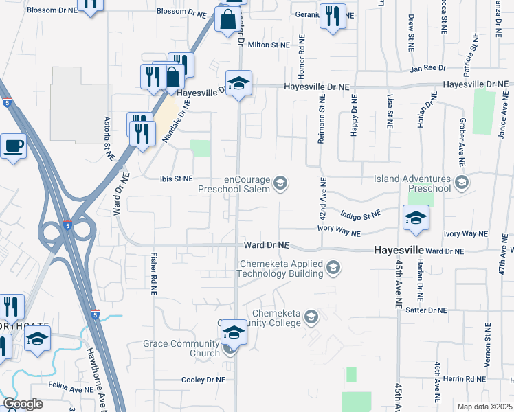 map of restaurants, bars, coffee shops, grocery stores, and more near 4015 La Palms Lane Northeast in Salem