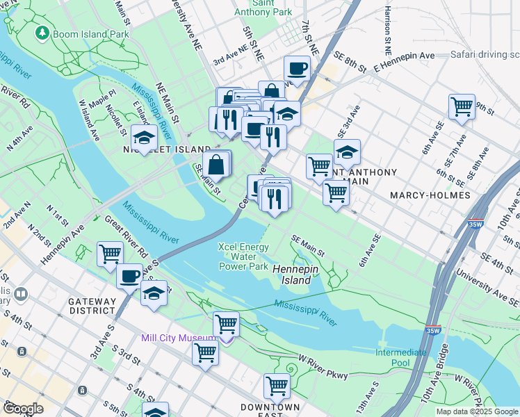 map of restaurants, bars, coffee shops, grocery stores, and more near 117 1/2 Southeast Main Street in Minneapolis
