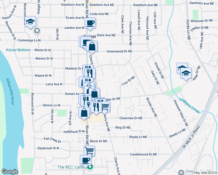 map of restaurants, bars, coffee shops, grocery stores, and more near 4062 Arleta Avenue Northeast in Keizer