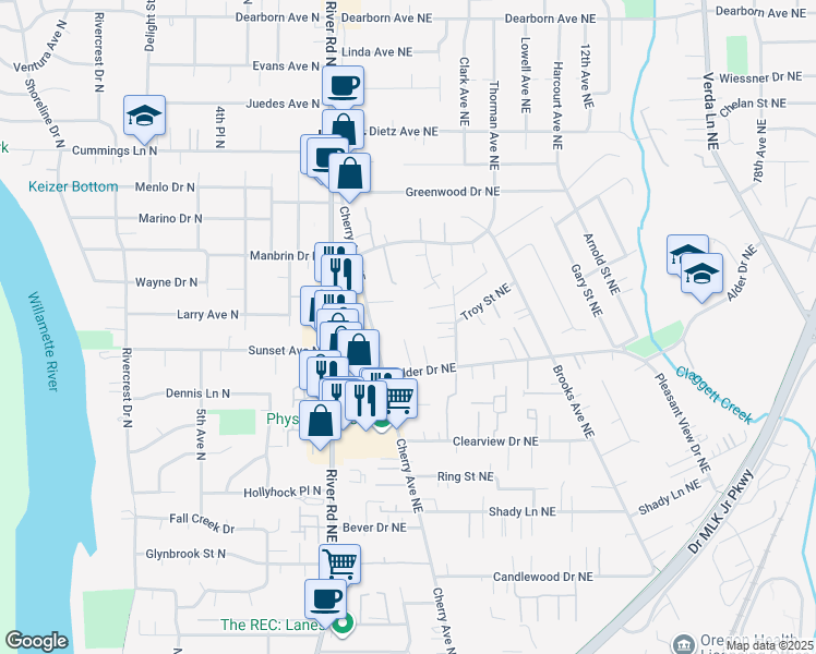 map of restaurants, bars, coffee shops, grocery stores, and more near 4062 Arleta Avenue Northeast in Keizer