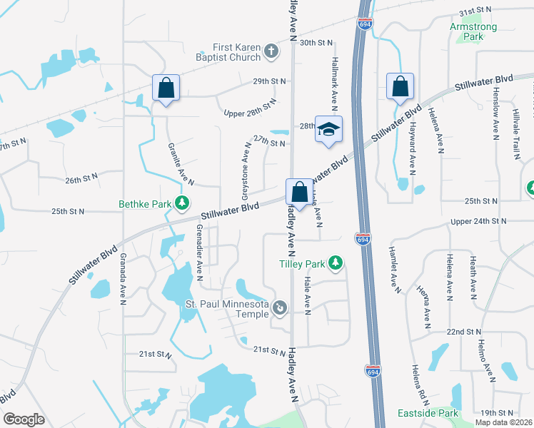 map of restaurants, bars, coffee shops, grocery stores, and more near 6961 Stillwater Boulevard North in Saint Paul