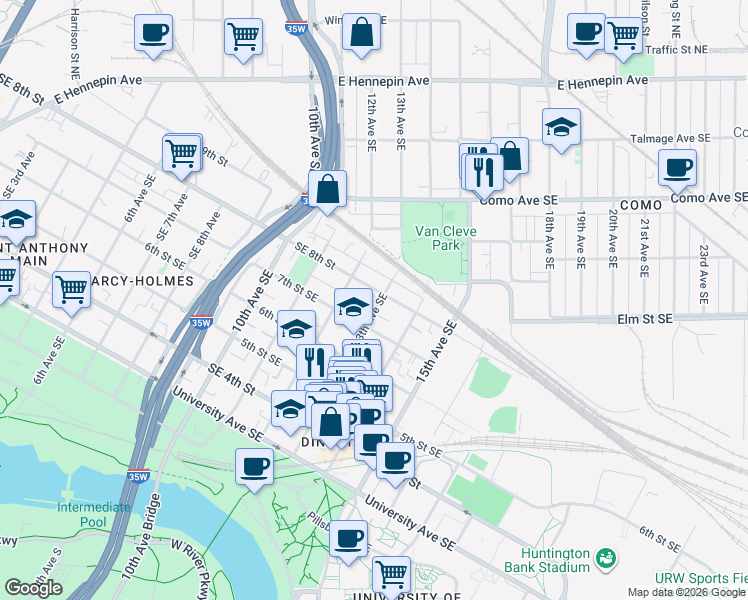 map of restaurants, bars, coffee shops, grocery stores, and more near 800 13th Avenue Southeast in Minneapolis