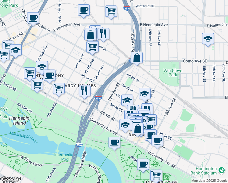map of restaurants, bars, coffee shops, grocery stores, and more near 925 6th Street Southeast in Minneapolis