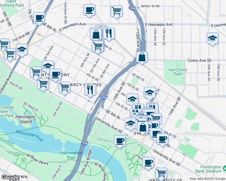 map of restaurants, bars, coffee shops, grocery stores, and more near 925 6th Street Southeast in Minneapolis