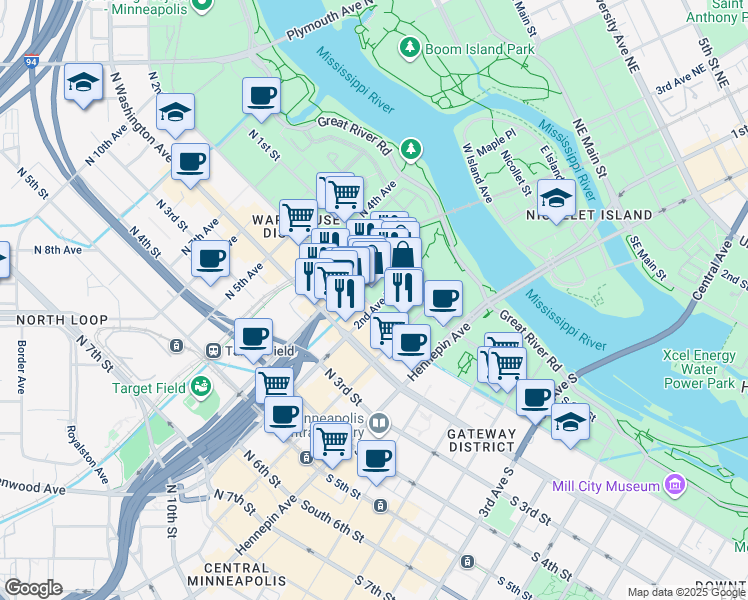 map of restaurants, bars, coffee shops, grocery stores, and more near 200 North 2nd Street in Minneapolis