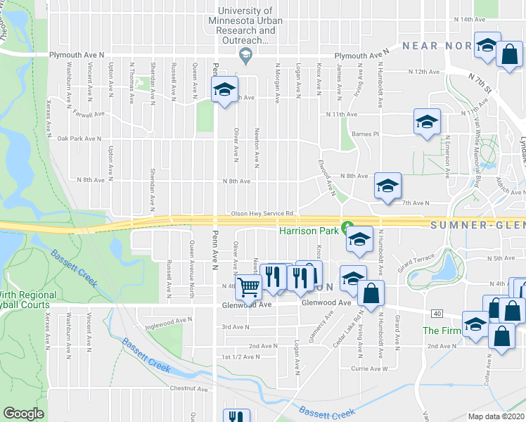 map of restaurants, bars, coffee shops, grocery stores, and more near 621 North Newton Avenue in Minneapolis