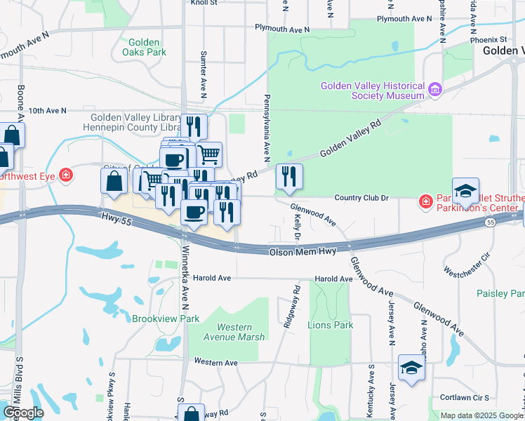 map of restaurants, bars, coffee shops, grocery stores, and more near 7475 Glenwood Avenue in Golden Valley