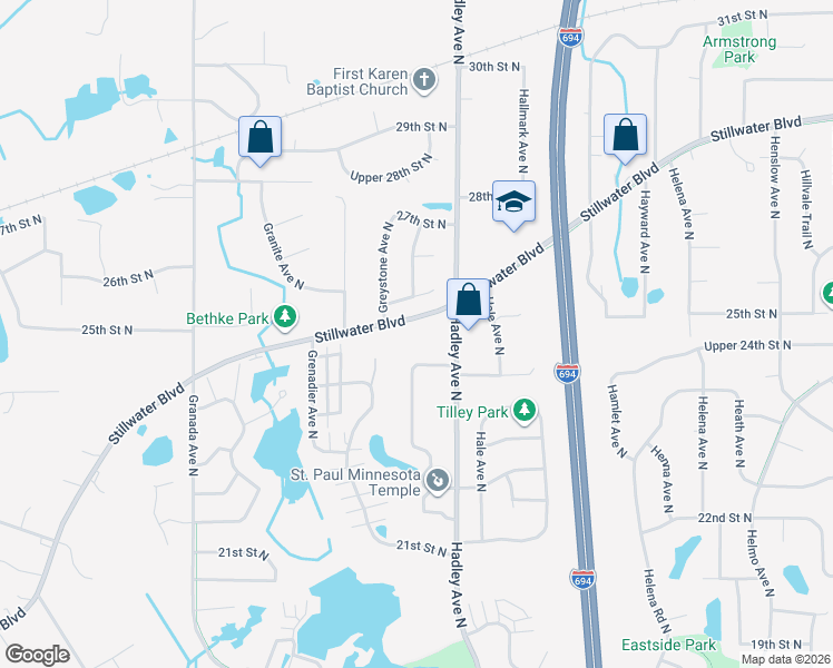 map of restaurants, bars, coffee shops, grocery stores, and more near 6961 Stillwater Boulevard North in Saint Paul