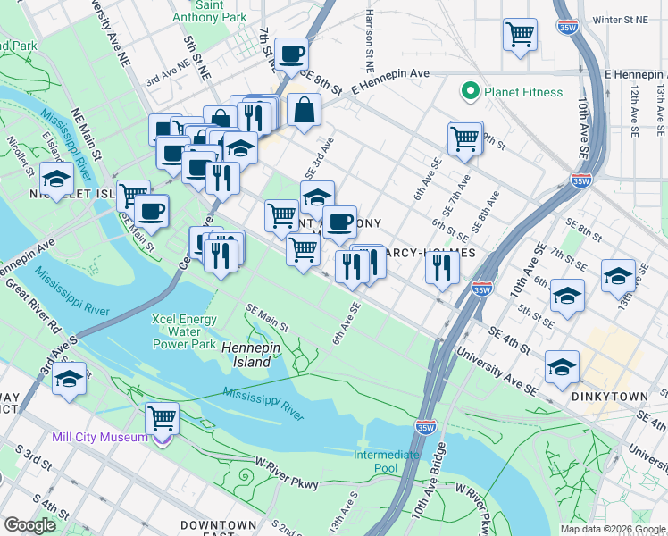 map of restaurants, bars, coffee shops, grocery stores, and more near 311 5th Street Southeast in Minneapolis