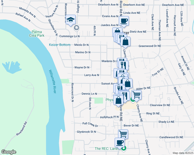 map of restaurants, bars, coffee shops, grocery stores, and more near 400 Larry Avenue North in Keizer