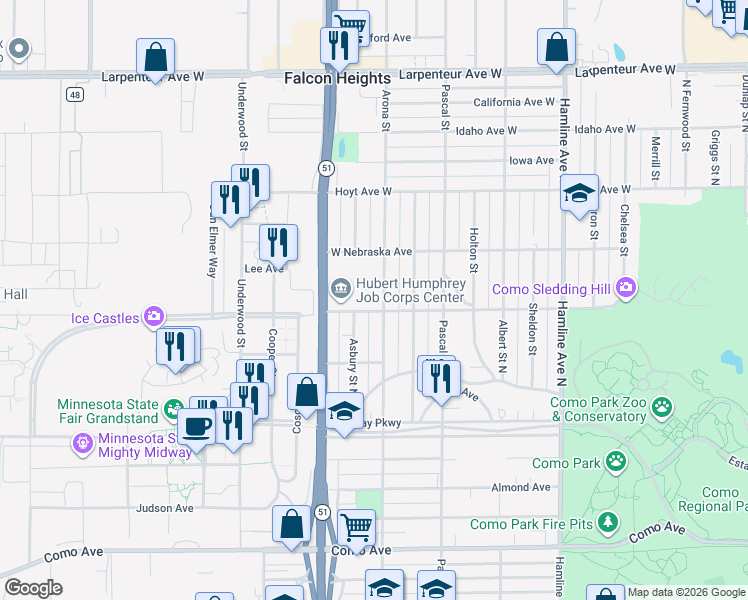 map of restaurants, bars, coffee shops, grocery stores, and more near 1455 Arona Street in Saint Paul