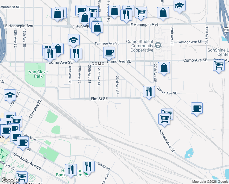 map of restaurants, bars, coffee shops, grocery stores, and more near 815 23rd Avenue Southeast in Minneapolis