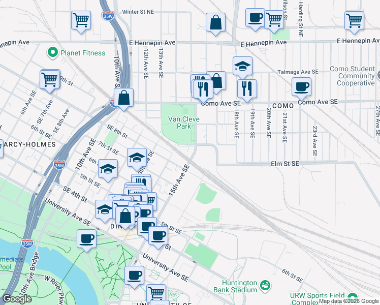 map of restaurants, bars, coffee shops, grocery stores, and more near 825 15th Avenue Southeast in Minneapolis