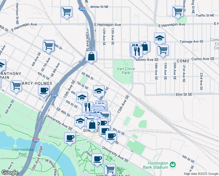 map of restaurants, bars, coffee shops, grocery stores, and more near 800 13th Avenue Southeast in Minneapolis