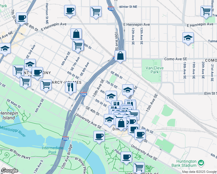 map of restaurants, bars, coffee shops, grocery stores, and more near 1016 Southeast 7th Street in Minneapolis