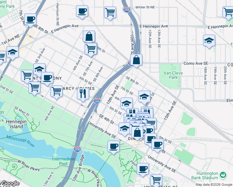 map of restaurants, bars, coffee shops, grocery stores, and more near 1016 Southeast 7th Street in Minneapolis