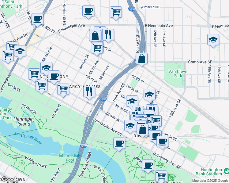map of restaurants, bars, coffee shops, grocery stores, and more near 925 6th Street Southeast in Minneapolis