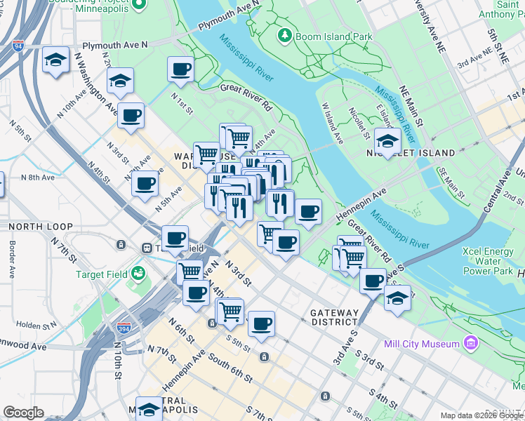 map of restaurants, bars, coffee shops, grocery stores, and more near 200 North 2nd Street in Minneapolis