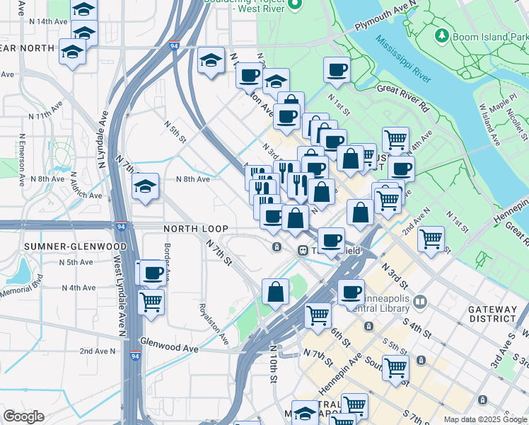 map of restaurants, bars, coffee shops, grocery stores, and more near 414 North 6th Avenue in Minneapolis