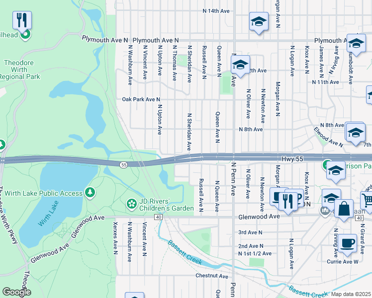 map of restaurants, bars, coffee shops, grocery stores, and more near 622 North Sheridan Avenue in Minneapolis