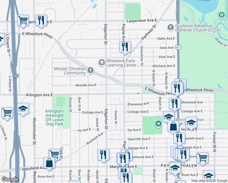 map of restaurants, bars, coffee shops, grocery stores, and more near 605 Arlington Avenue East in Saint Paul