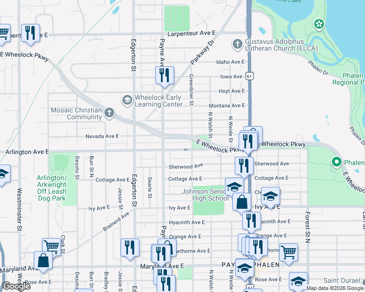 map of restaurants, bars, coffee shops, grocery stores, and more near 681 Arlington Avenue East in Saint Paul