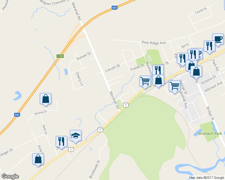 map of restaurants, bars, coffee shops, grocery stores, and more near 1400 Marshall Road in Kingston