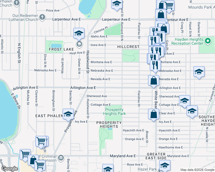 map of restaurants, bars, coffee shops, grocery stores, and more near 1595 Arlington Avenue East in Saint Paul
