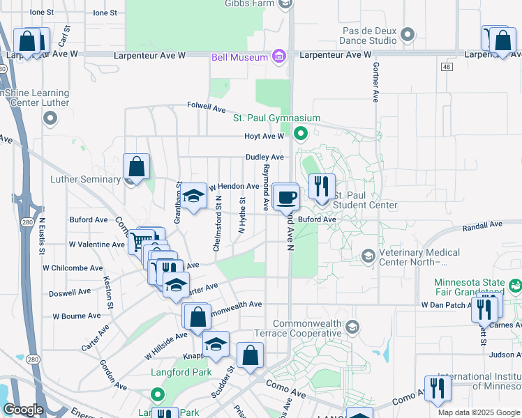 map of restaurants, bars, coffee shops, grocery stores, and more near 1443 Raymond Avenue in Saint Paul