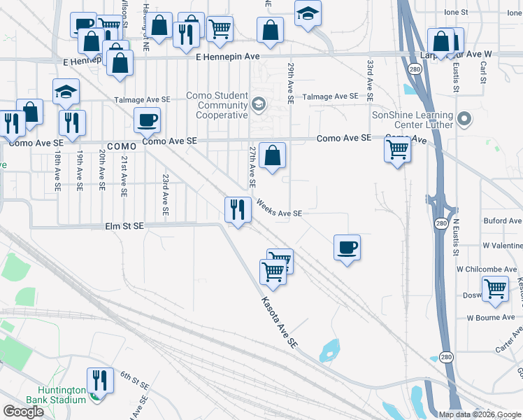 map of restaurants, bars, coffee shops, grocery stores, and more near 811 Weeks Avenue Southeast in Minneapolis