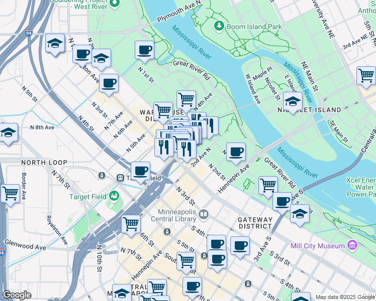 map of restaurants, bars, coffee shops, grocery stores, and more near 223 North 2nd Street in Minneapolis