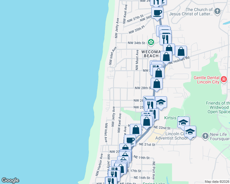 map of restaurants, bars, coffee shops, grocery stores, and more near 2716 Northwest Jetty Avenue in Lincoln City