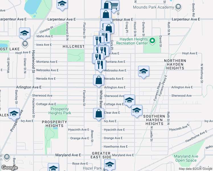 map of restaurants, bars, coffee shops, grocery stores, and more near 1793 Arlington Avenue East in Saint Paul