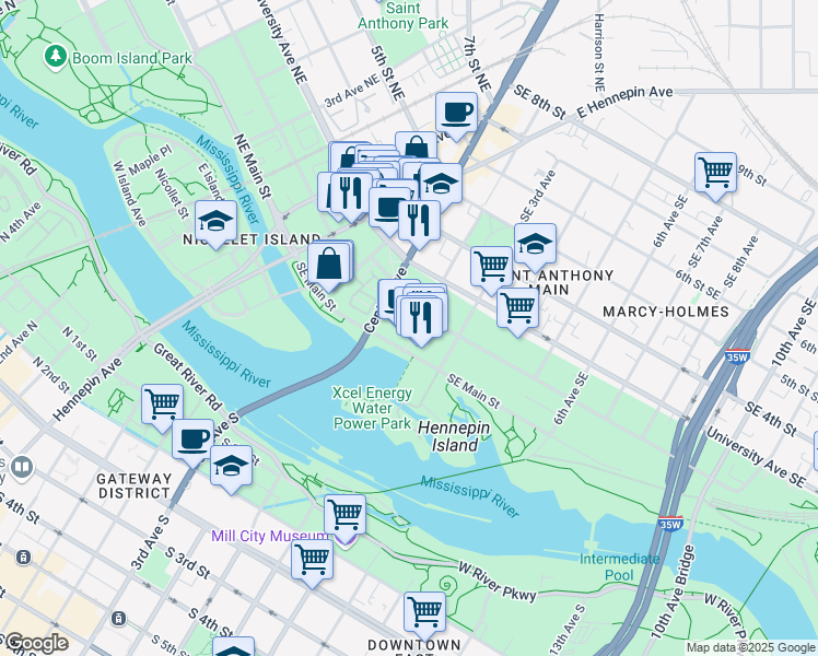 map of restaurants, bars, coffee shops, grocery stores, and more near 117 1/2 Southeast Main Street in Minneapolis