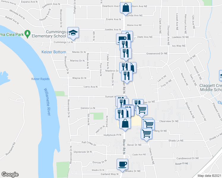 map of restaurants, bars, coffee shops, grocery stores, and more near 4093 Straw Drive North in Keizer