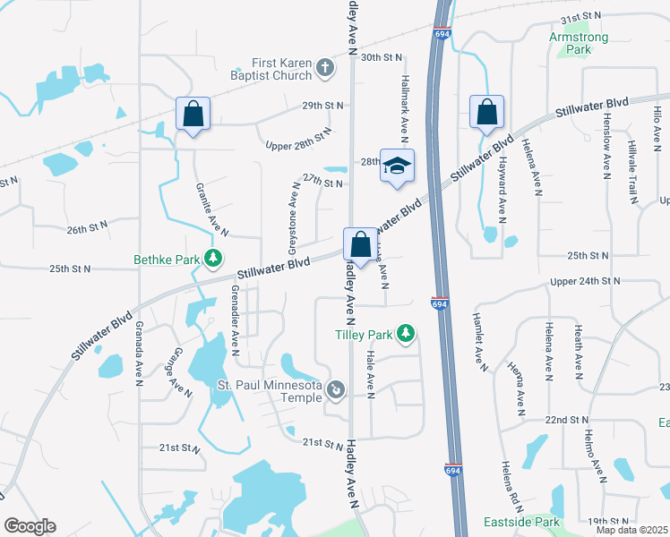 map of restaurants, bars, coffee shops, grocery stores, and more near 6961 Stillwater Boulevard North in Saint Paul