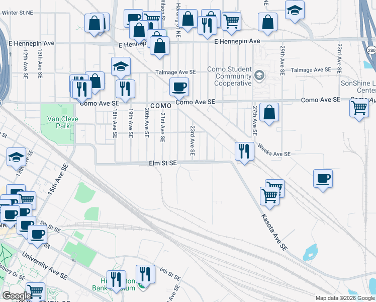 map of restaurants, bars, coffee shops, grocery stores, and more near 815 23rd Avenue Southeast in Minneapolis